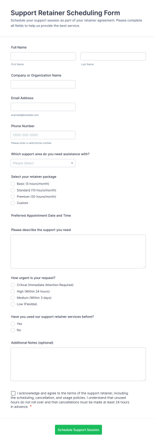 Support Retainer Scheduling Form Template
