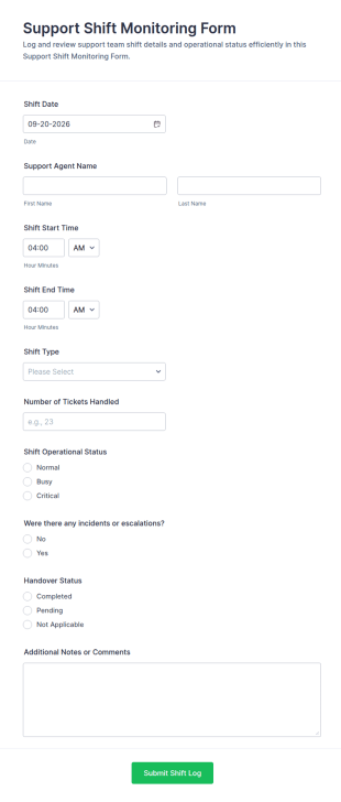 Support Shift Monitoring Form Template