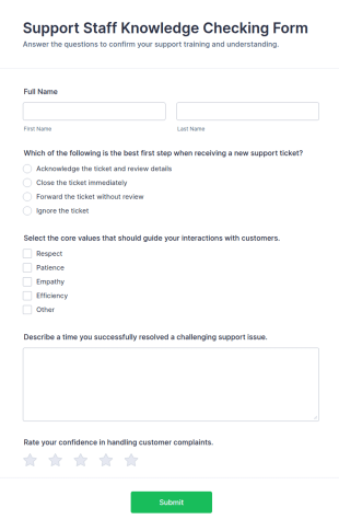 Support Staff Knowledge Checking Form Template