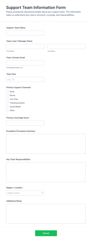 Support Team Information Form Template