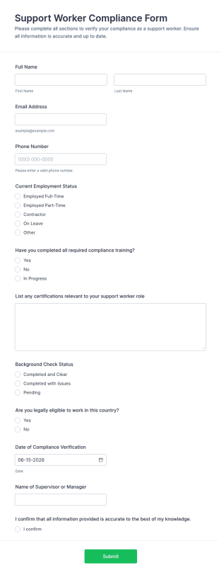 Support Worker Compliance Form Template