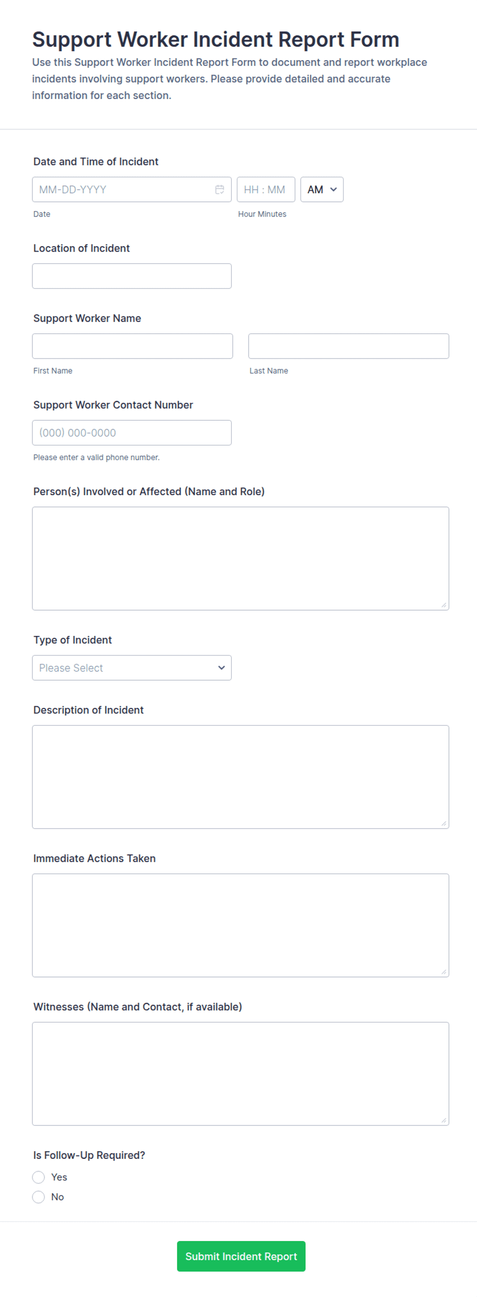 Support Worker Incident Report Form Template | Jotform