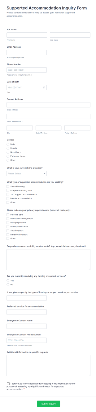 Supported Accommodation Inquiry Form Template