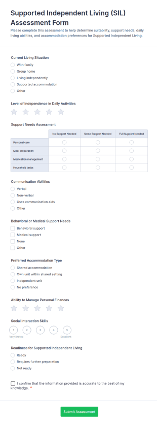 Supported Independent Living Assessment Form Template