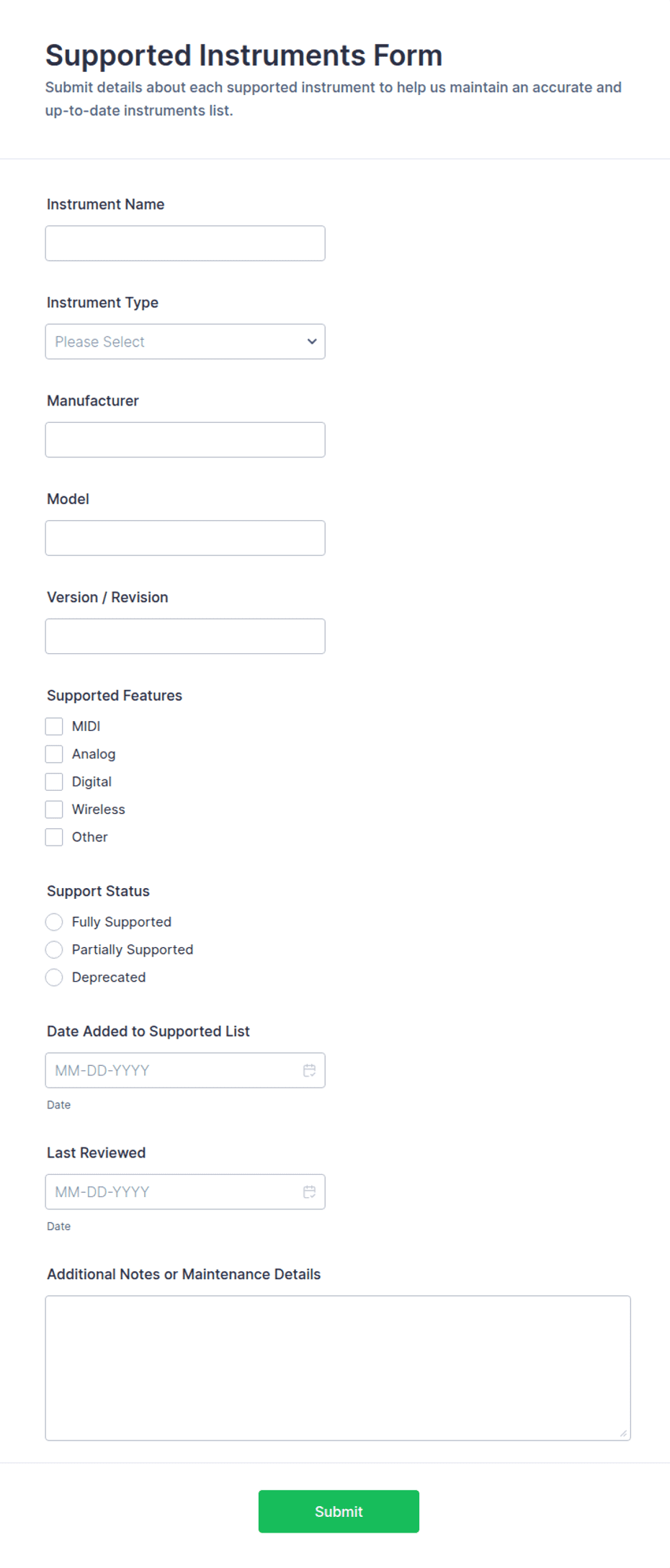 Supported Instruments Form Template | Jotform