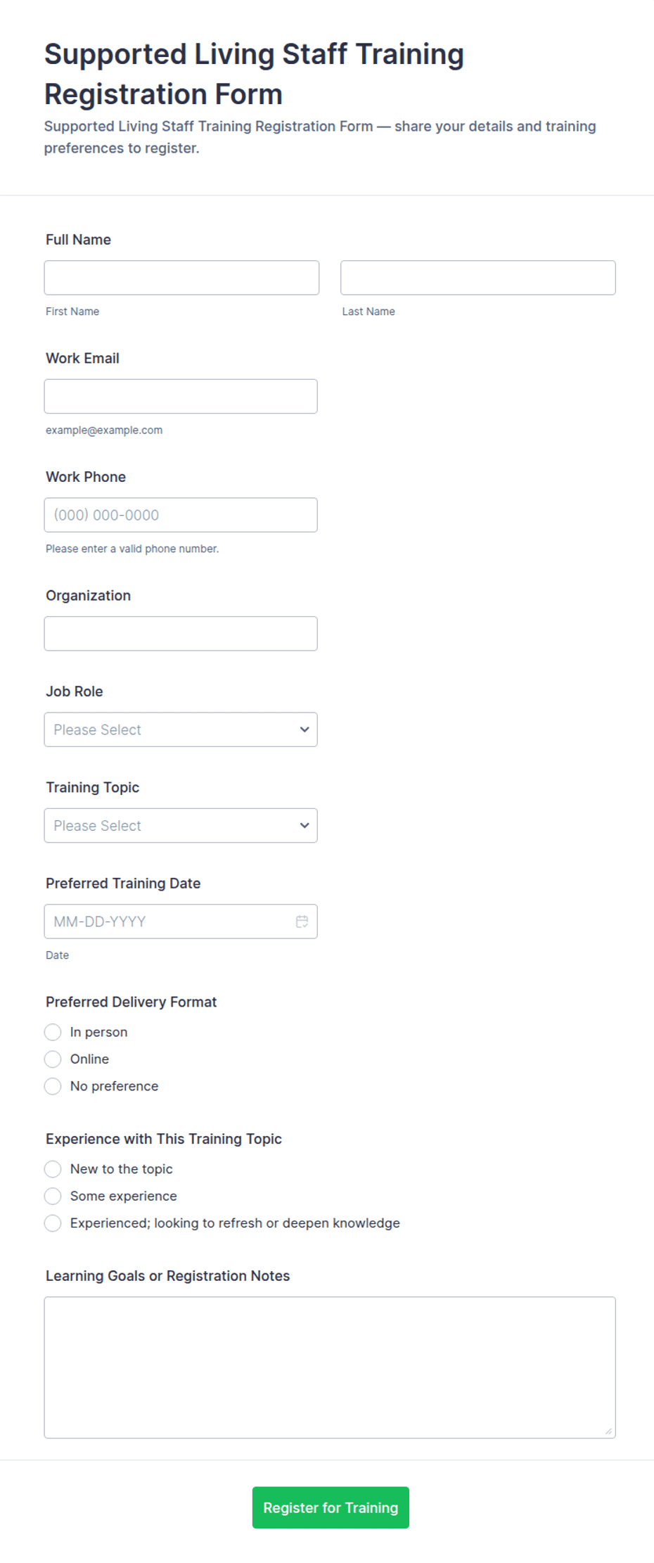 Supported Living Staff Training Registration Form Template | Jotform