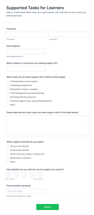 Supported Tasks For Learners Form Template