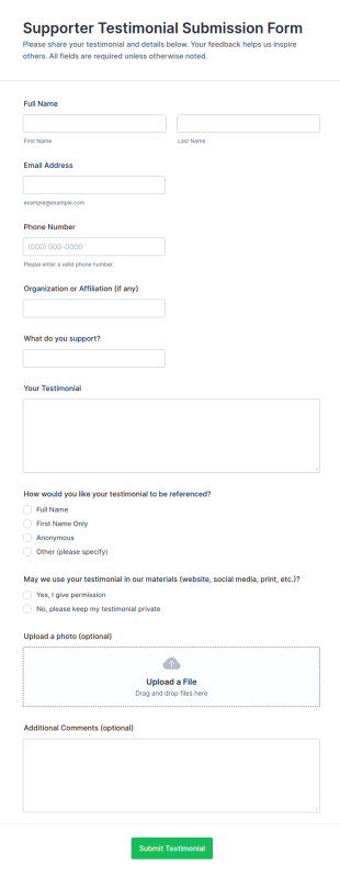 Supporter Testimonial Submission Form Template
