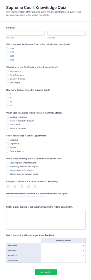 Supreme Court Knowledge Quiz Form Template