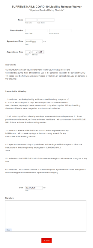 Supreme Nails COVID 19 Liability Release Waiver Form Template