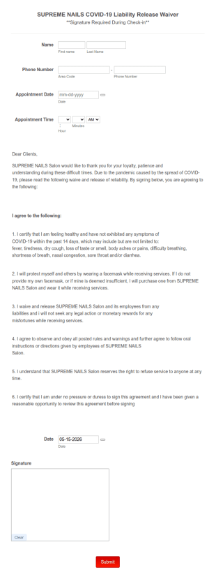 Supreme Nails COVID 19 Liability Release Waiver Form Template