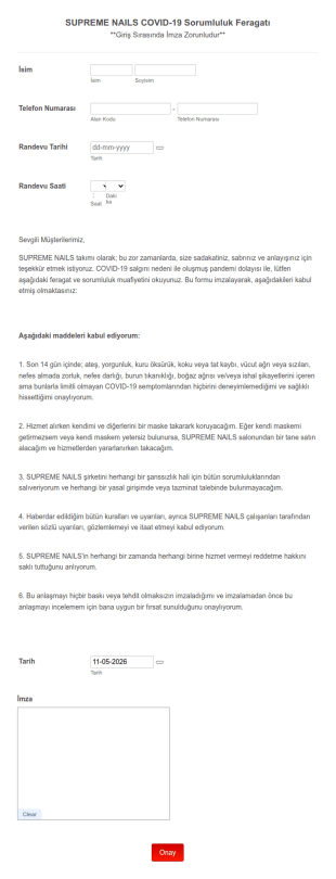 SUPREME NAILS COVID 19 Sorumluluk Feragatı Form Şablonu