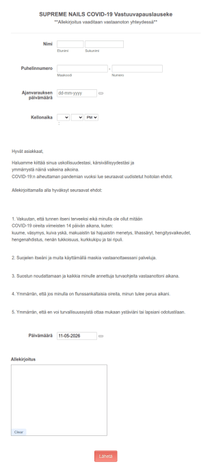 Supreme Nails COVID 19 Vastuuvapauslauseke