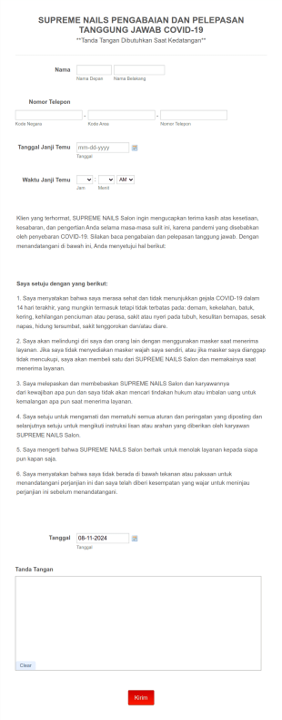 Supreme Nails Pengabaian Dan Pelepasan Tanggung Jawab COVID 19 Form Template