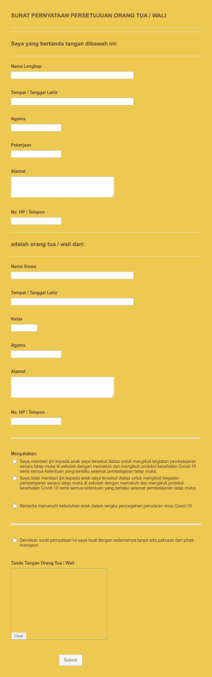 Surat Pernyataan Persetujuan Orang Tua / Wali