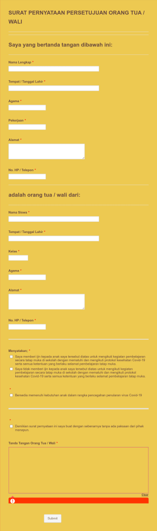 Surat Pernyataan Persetujuan Orang Tua / Wali Form Template