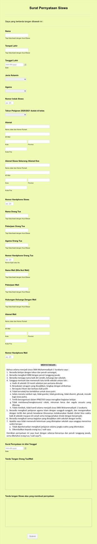 Surat Pernyataan Siswa Form Template
