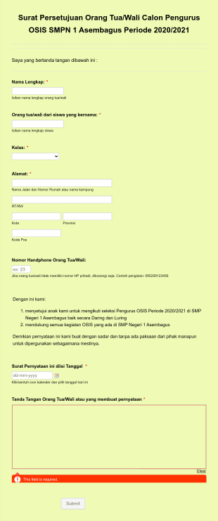 Surat Persetujuan Orang Tua/Wali Calon Pengurus OSIS SMPN 1 Asembagus 2020/2021 Form Template