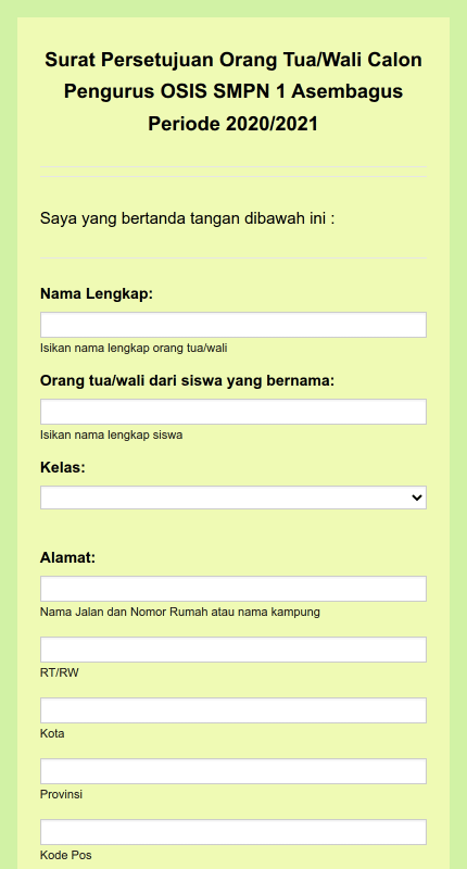 Surat Persetujuan Orang Tua/Wali Calon Pengurus OSIS SMPN 1 Asembagus 2020/2021