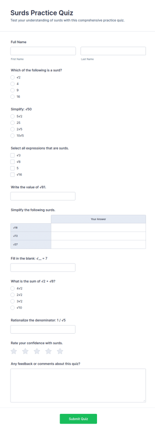 Surds Practice Quiz Form Template