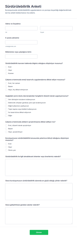 Sürdürülebilirlik Anketi Form Şablonu