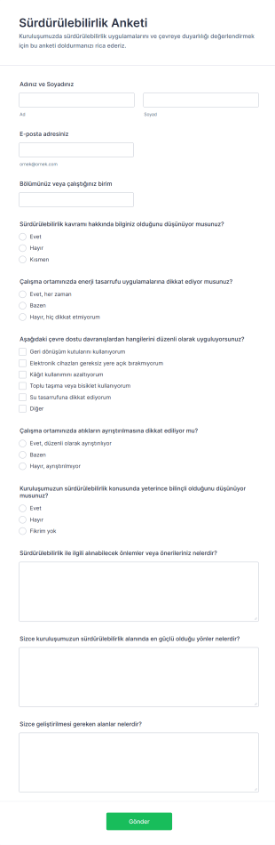 Sürdürülebilirlik Anketi Form Şablonu