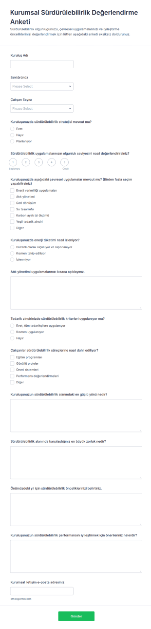 Sürdürülebilirlik Değerlendirme Anketi Form Şablonu