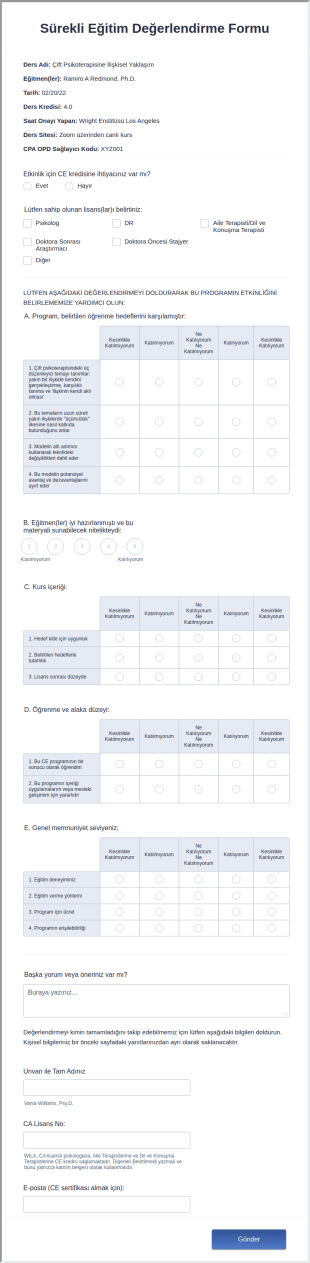 Sürekli Eğitim Değerlendirme Form Şablonu
