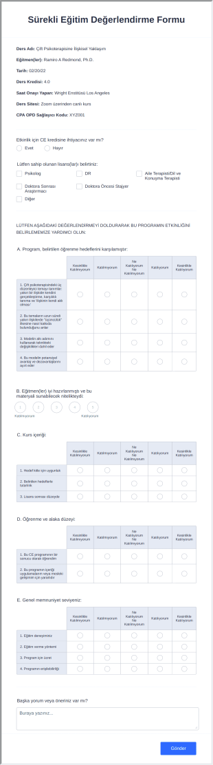 Sürekli Eğitim Değerlendirme Form Template