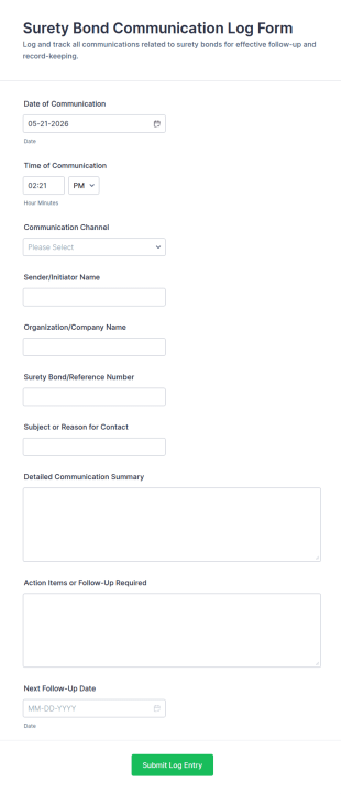Surety Bond Communication Log Form Template