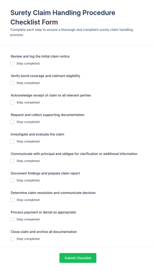 Surety Claim Handling Procedure Checklist Form Template