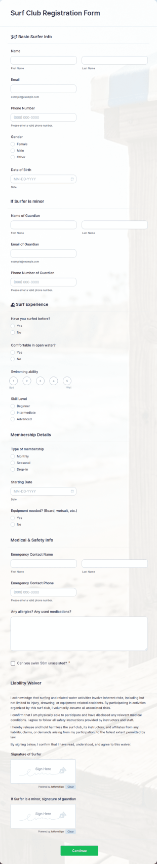 Surf Club Registration Form Template