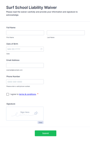 Surf School Liability Waiver Form Template