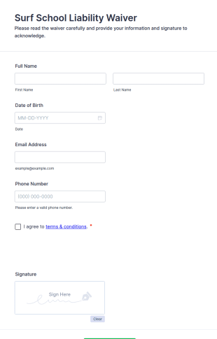 Surf School Liability Waiver Form Template