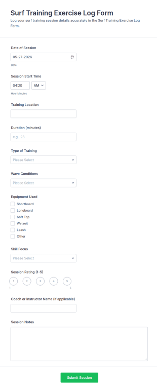 Surf Training Exercise Log Form Template