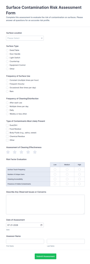 Surface Contamination Risk Assessment Form Template