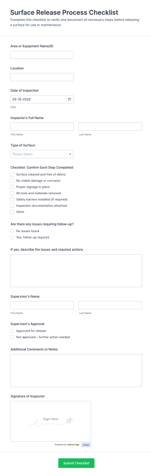 Surface Release Process Checklist Form Template