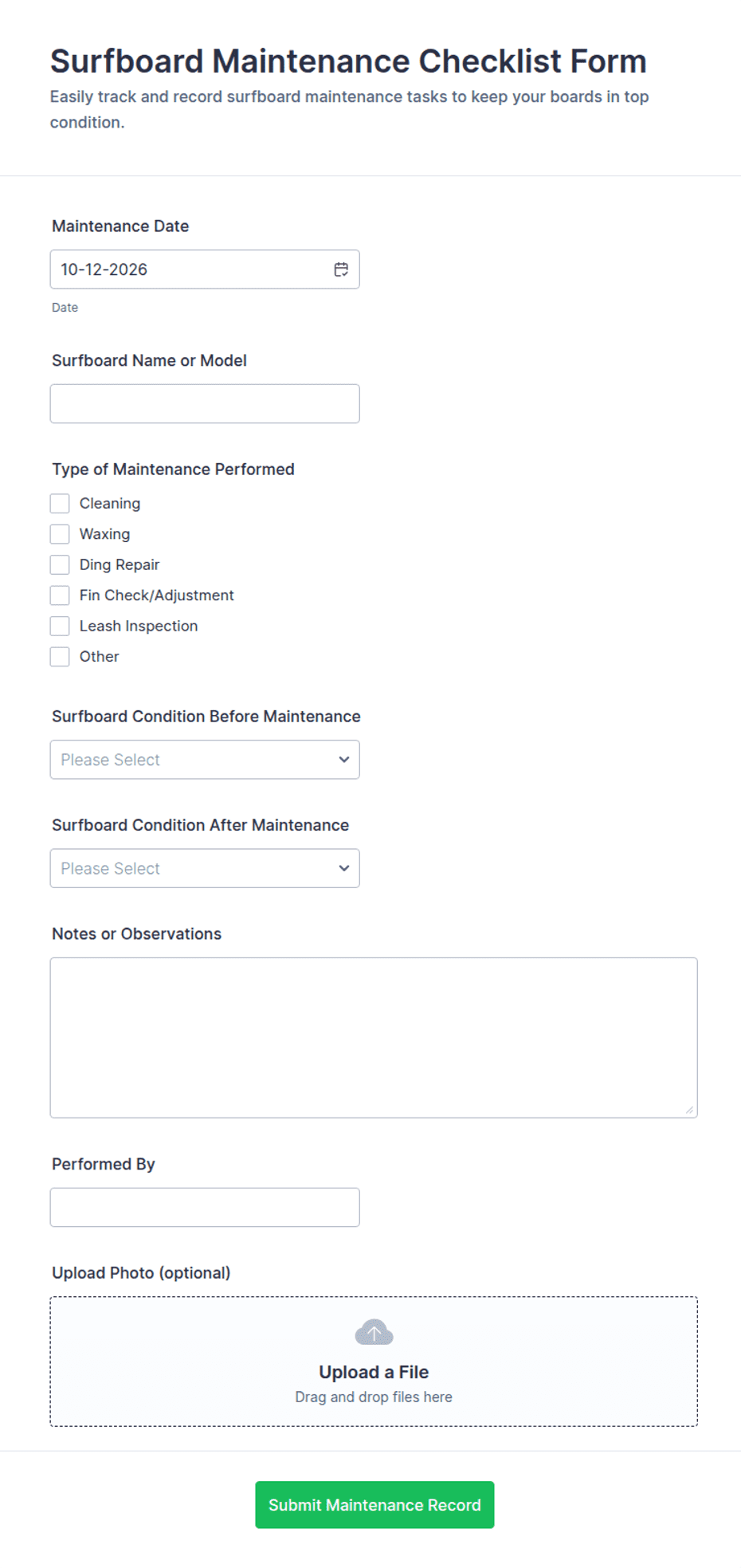 Surfboard Maintenance Checklist Form Template | Jotform