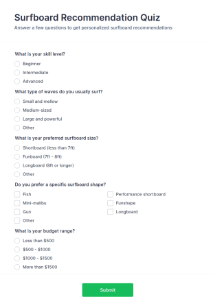 Surfboard Recommendation Quiz Form Template