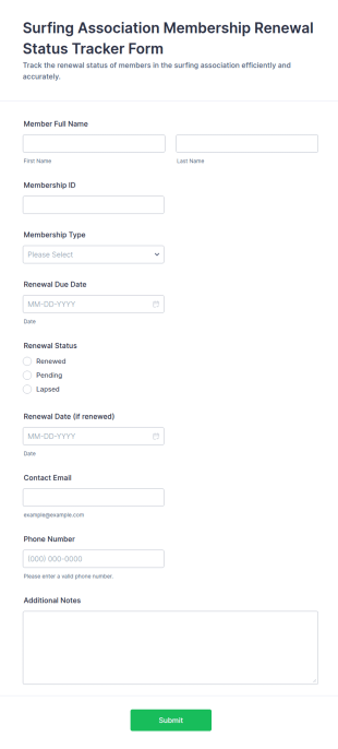 Surfing Association Membership Renewal Status Tracker Form Template