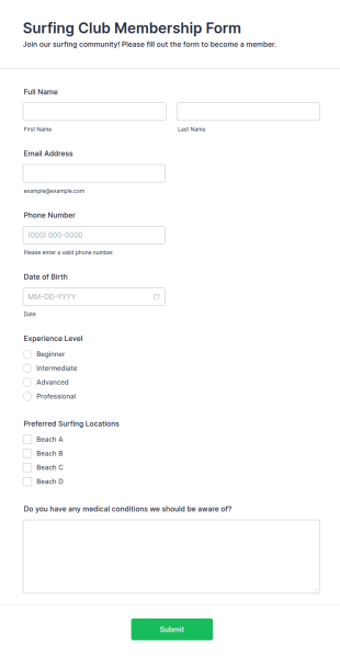 Surfing Club Membership Form Template