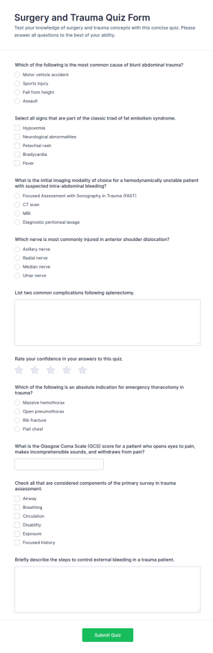 Surgery And Trauma Quiz Form Template