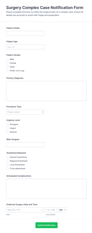 Surgery Complex Case Notification Form Template