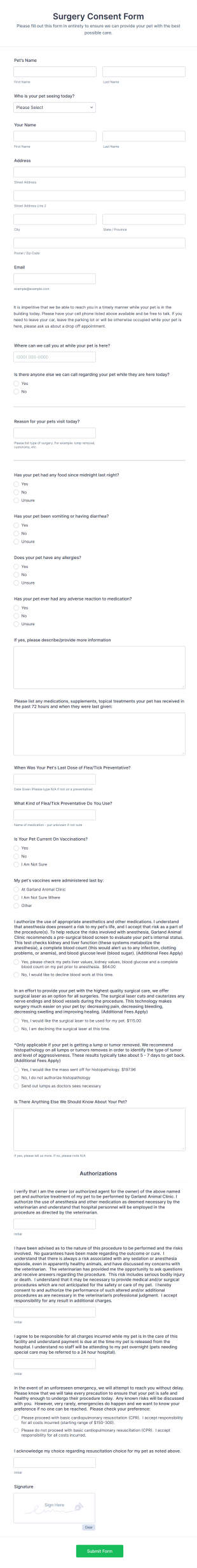 Pet Surgery Consent Form Template
