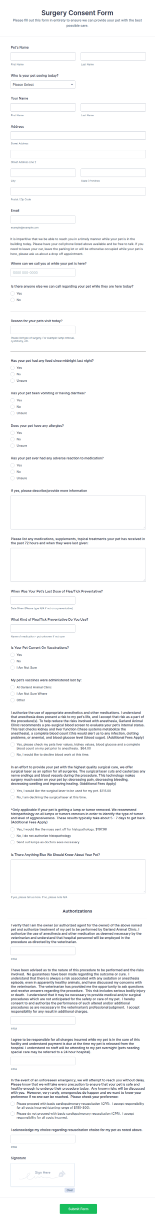 Pet Surgery Consent Form Template