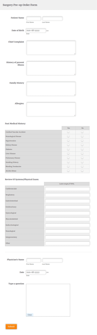 Surgery Pre Op Order Form Template