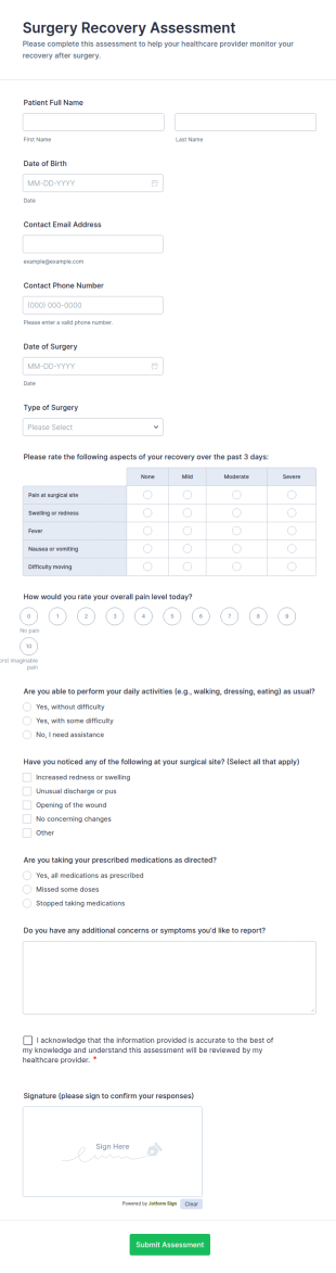 Surgery Recovery Assessment Form Template