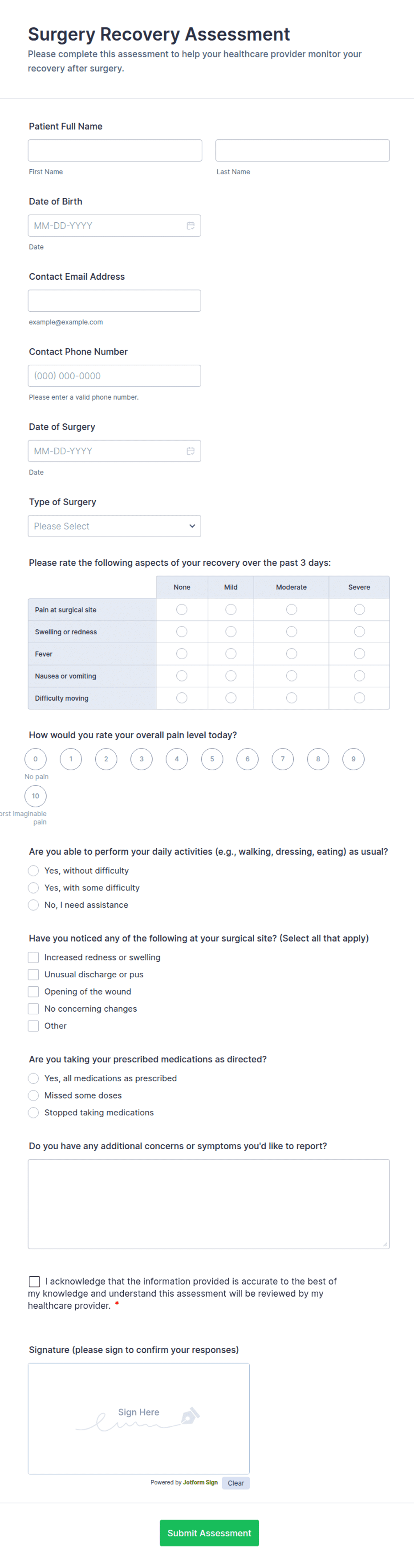 Postoperative Recovery Questionnaire.pdf Surgery Recovery Assessment Form Template | Jotform