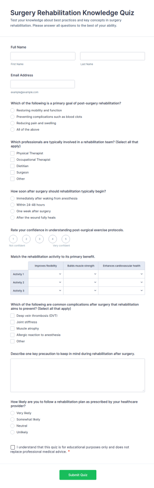 Surgery Rehabilitation Knowledge Quiz Form Template