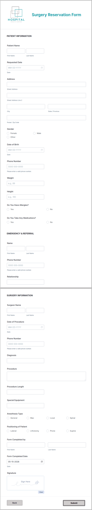 Surgery Reservation Form Template